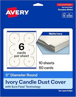 Avery Printable Round Candle Dust Covers, 3" Diameter, Matte Ivory, Sure Feed Technology, Print-To-The-Edge Capability, Laser/Inkjet Compatible, 60 Total, Ideal for Packaging, Displays, and More