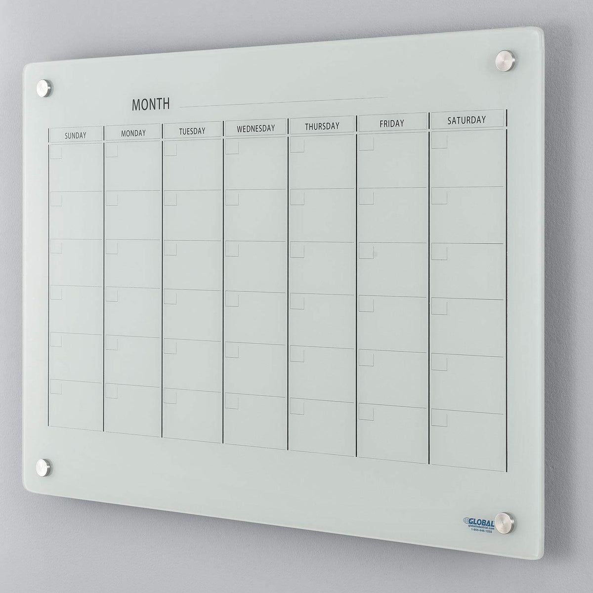 36" W x 24" H Magnetic Glass Calendar Dry Erase Board by Global Industrial – 36"W x 24"H, Glass, White, Model 695510