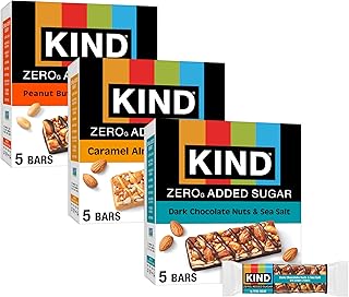 Kind Zero Added Sugar Healthy Snacks Bars Variety Pack, Gluten Free, High Fiber, Keto Snacks, Dark Chocolate Nuts & Sea Salt, Caramel Almond, Peanut Butter Dark Chocolate, 5g Protein, 15 Count