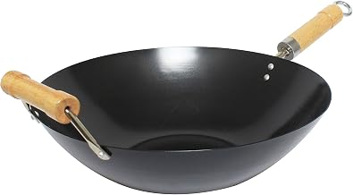 Thunder Group Non-Stick Carbon Steel Wok with Wood Handle, 14-Inch