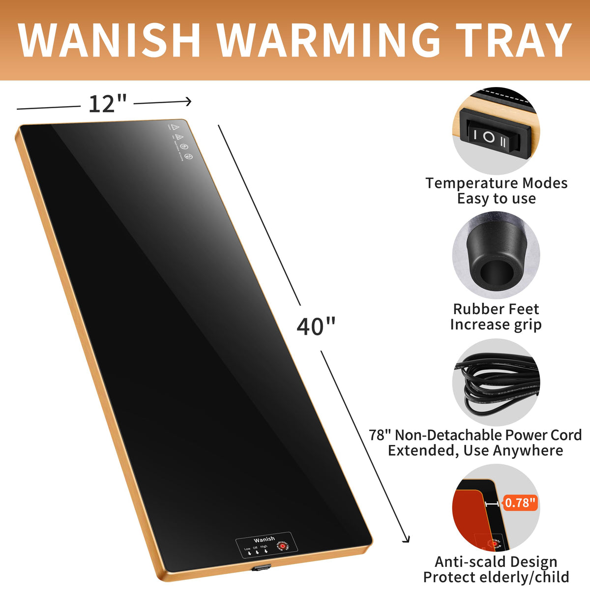 Wanish Warming Tray, Extra Long 40 x 12 Inch Tempered Glass, Black
