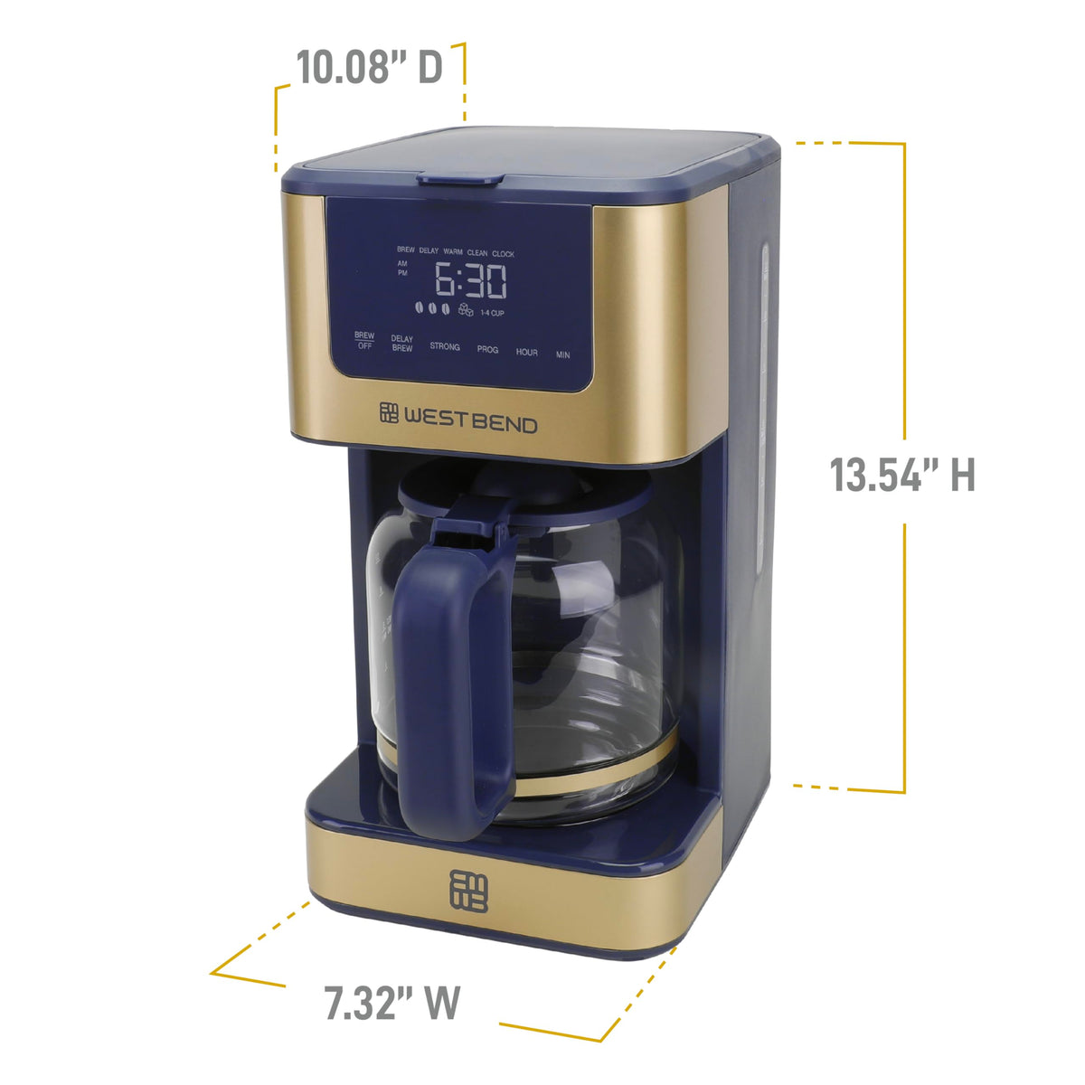Timeless 12-Cup Programmable Coffee Maker with Brew Strength Selector for Hot and Iced Coffee by West Bend – 12 Cup, 12 cups, Blue/Gold, Model CMWB12SB13