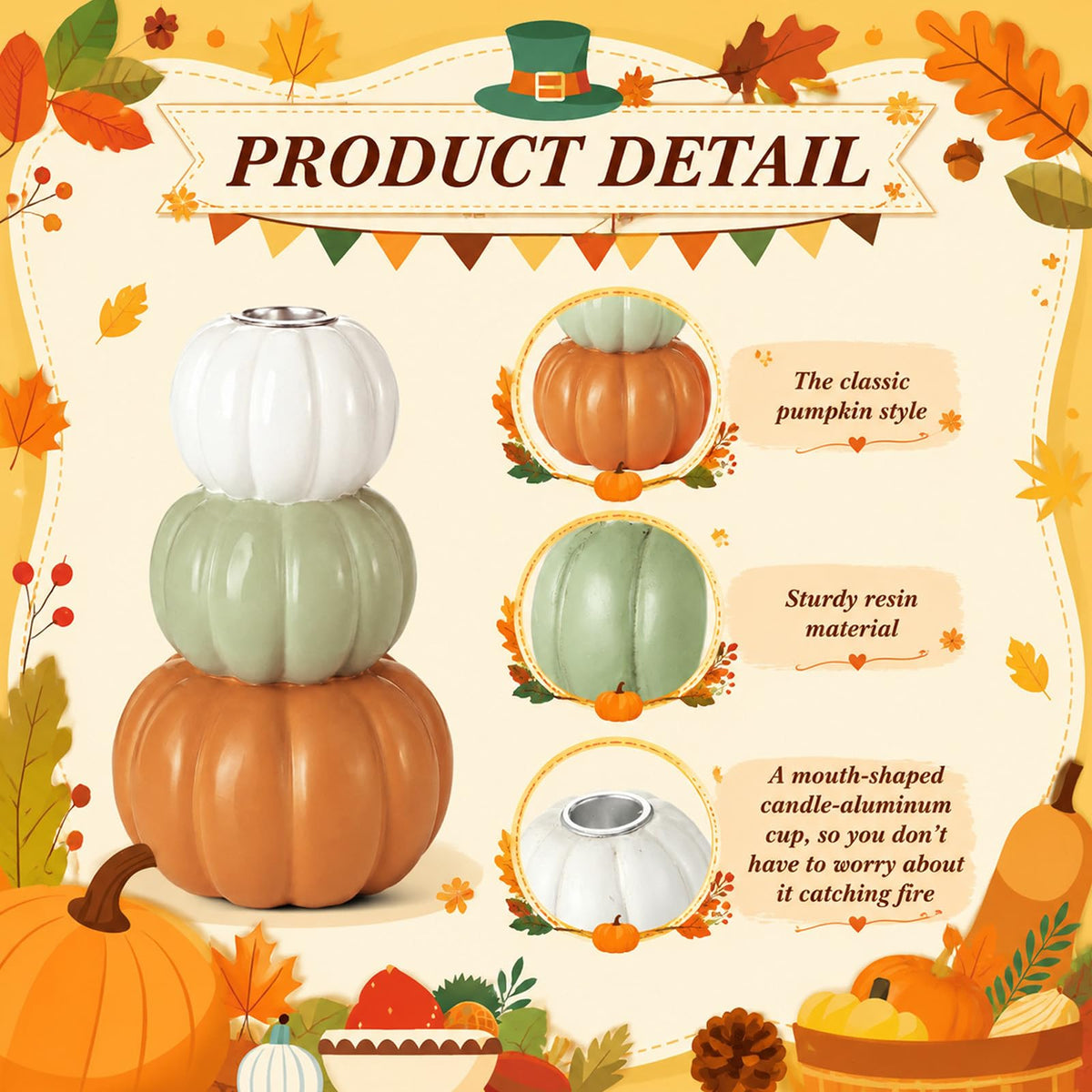 FoldTier Pumpkin Candle Holders, 5.9 Inch Resin Set of 2, Orange White Green