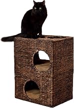 CHS1000B Jaxon 18" Modern Classic 2-Tier Handwoven Hyacinth Rectangular 5-Hole Cat Condo with 2 Machine-Washable Cushions, Brown