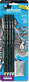 Prismacolor 2502 Scholar Graphite Pencil Set, 4B/2B/HB/2H, Kneaded Eraser