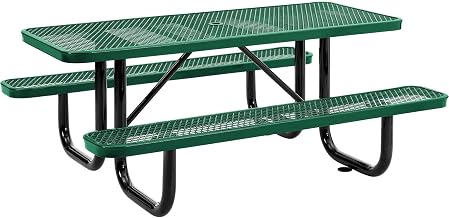 Global Industrial 6â€™L Rectangular Picnic Table, Expanded Metal, Green | Thermoplastic Coating, Attached Benches, 1-1/2â€ Umbrella Pole Hole, Outdoor-Rated, 1000 lb Capacity, 72â€ x 30â€ Tabletop