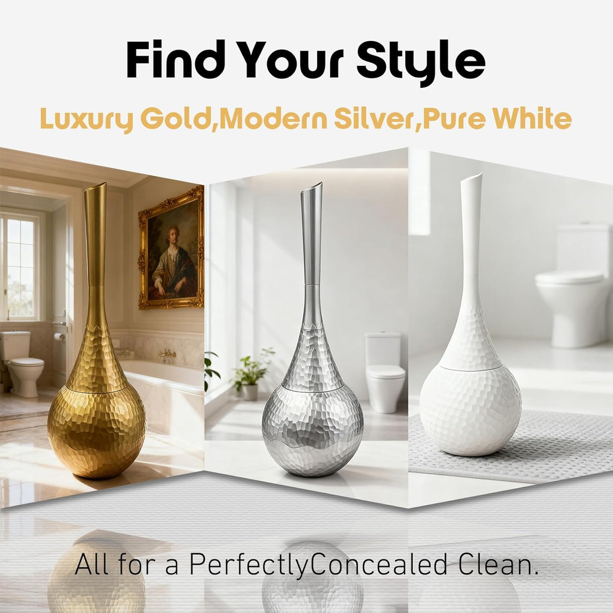 Hideaway Toilet Brush Set by Kobzipanda – Acrylonitrile Butadiene Styrene (ABS), Gold, Model GGMTS