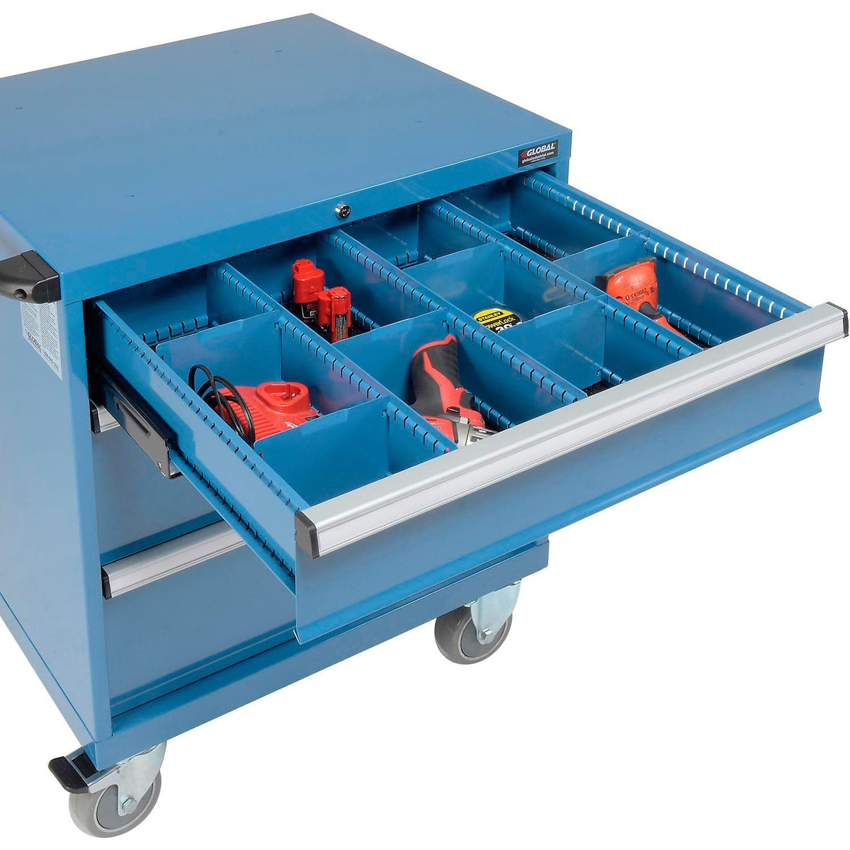 3 Drawers Mobile Modular Drawer Cabinet w/Lock by Global Industrial – 30 inches (W) x 27 inches (D) x 36.7 inches (H), Alloy Steel, Blue, Model 298446BL