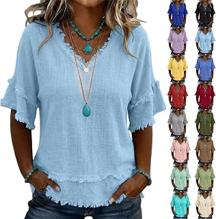 Boho Tops for Women Cotton Linen Shirts Short Sleeve Gauze Fringe Tops