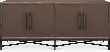 Mako Sideboard, Rectangular, Solid Oak Frame, Shagreen Vegan Leather, Brass Legs, Adjustable Shelves, Brown