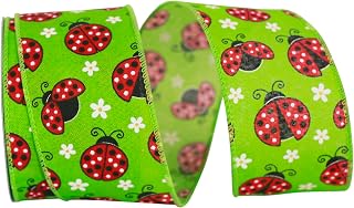 Reliant Ribbon Ladybugs Linen Wired Edge Ribbon, 2-1/2 Inch X 10 Yards, Apple Green