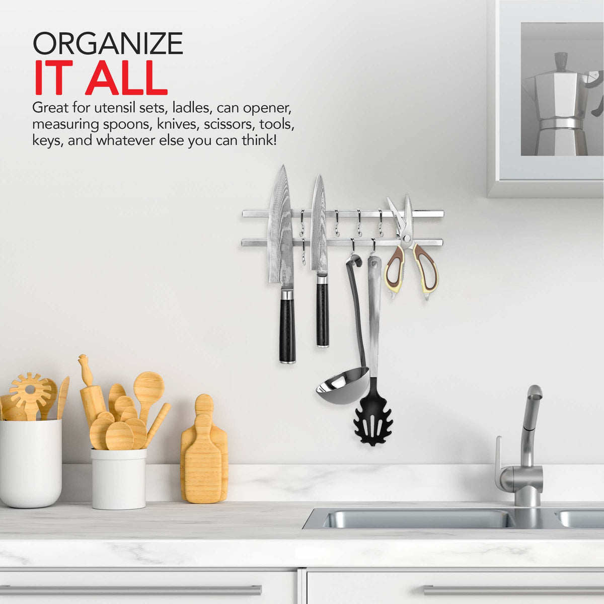 (12 Inch Stainless Steel Metal Magnetic Knife Holder by Modern Innovations – 12 Inch w/ Hooks, Stainless Steel, Silver, Model 1186