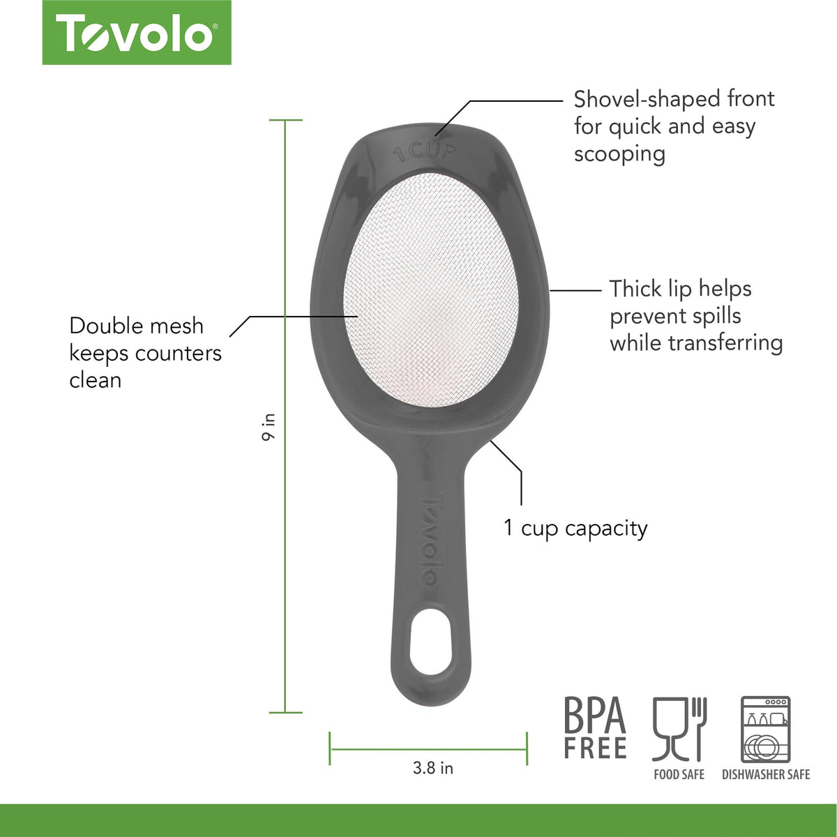 Scoop And Sift 1 Cup Charcoal by Tovolo – Sifter, 8 ounces, Nylon, Charcoal, Model 49000-200