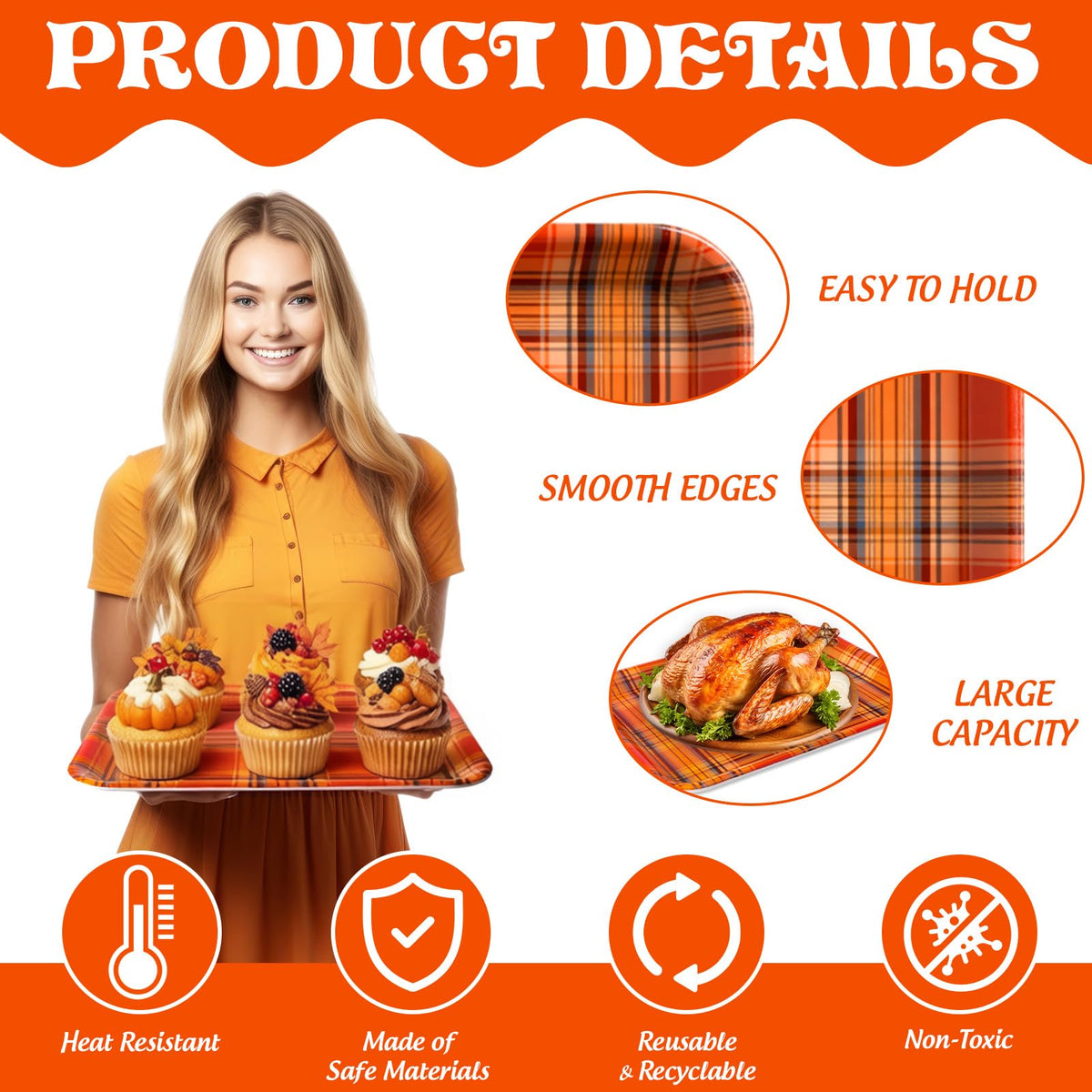 JarThenaAMCS Fall Plaid Serving Trays, 13 x 10 Inch, Set of 3 Orange