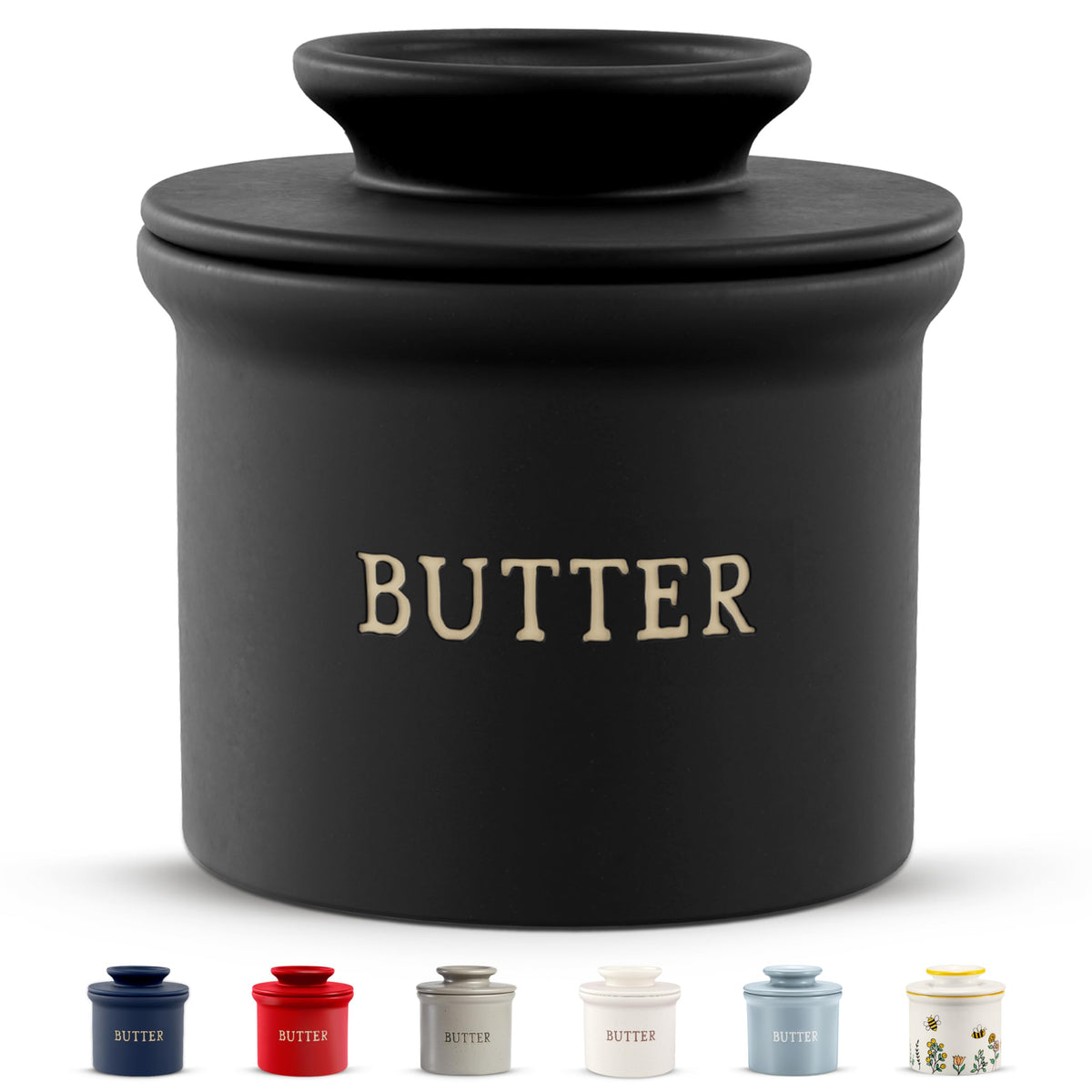KooK Butter Keeper, Ceramic Crock with Bell Lid, Black