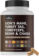 BioSchwartz 13-in-1 Mushroom Complex Capsules with Bioperine, 90 Count | Organic Mushroom Supplement with Lions Mane, Chaga, Reishi, Cordyceps - Supports Focus, Energy, Healthy Immune Function