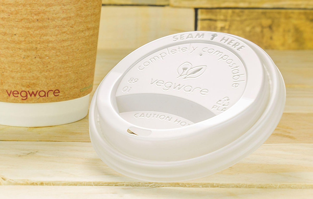 89-Series Compostable Coffee Cup Lids by Vegware – Fits 10-20oz, CPLA, White, Pack of 1000, Model VLID89S