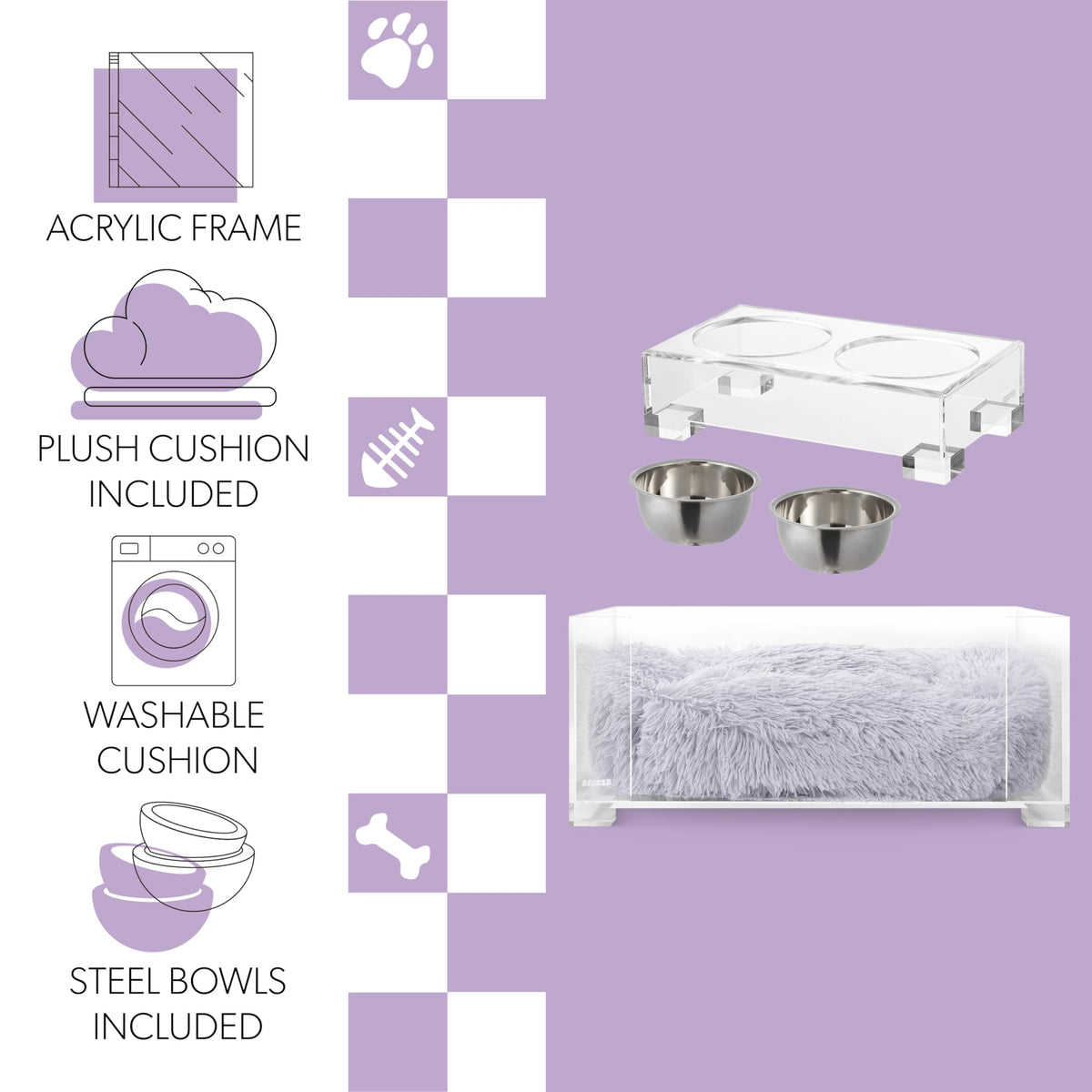 Billie 24" x 15.75" Small Modern Lucite Pet Bed with Washable Cushion and 4" Elevated Pet Feeder with 27 oz 2-Stainless Steel Bowls by THE LICKER STORE – Model DBD2001A-2SET