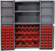 Global Industrial Deep Door Bin Cabinet, Includes 68 Red Plastic Bins | Padlockable Steel Cabinet, 38"W x 24"D x 72"H, For Tool and Parts Storage, Assembly Required