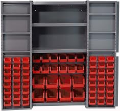 Global Industrial Deep Door Bin Cabinet, Includes 68 Red Plastic Bins | Padlockable Steel Cabinet, 38"W x 24"D x 72"H, For Tool and Parts Storage, Assembly Required