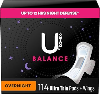 U by Kotex Balance Ultra Thin Overnight Pads with Wings, 114 Count (3 Packs of 38) (Packaging May Vary)