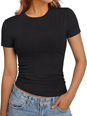 Women's Basic Crop Tops Slim Fit Short Sleeve Crew Neck Tee Soft Stretchy Workout T-Shirts