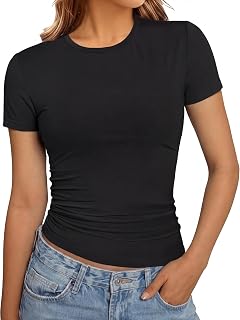 Women's Basic Crop Tops Slim Fit Short Sleeve Crew Neck Tee Soft Stretchy Workout T-Shirts