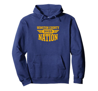 Winston County High School Nation 2025 HS Pullover Hoodie by Winston County Yellow Jackets – Polyester, Blue, Model CKPCN5TND85