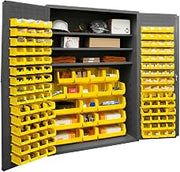 Durham 3502-138-3S-95 Lockable Cabinet with 138 Yellow Hook-On Bins, 3 Adjustable Shelves, Flush Door Style, 48" Wide, 14 Gauge, Gray