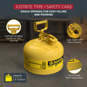Justrite Yellow / 2.5 Gallon / Type I Cans
