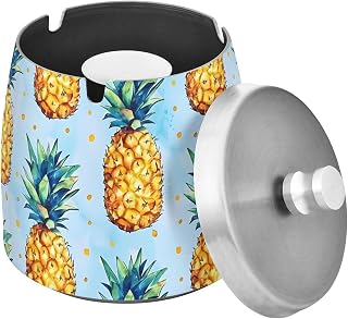 Pineapples Blue Pattern Splash Ashtray with Lid, Outdoor Ashtrays for Patio