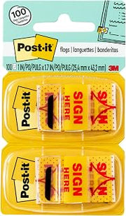 Post-it Message Flags, Sign Here 1 in. x 1.7 in., Two Dispensers with 50 -Count Yellow Sticky Tabs Per Dispenser (100 Flags Total)