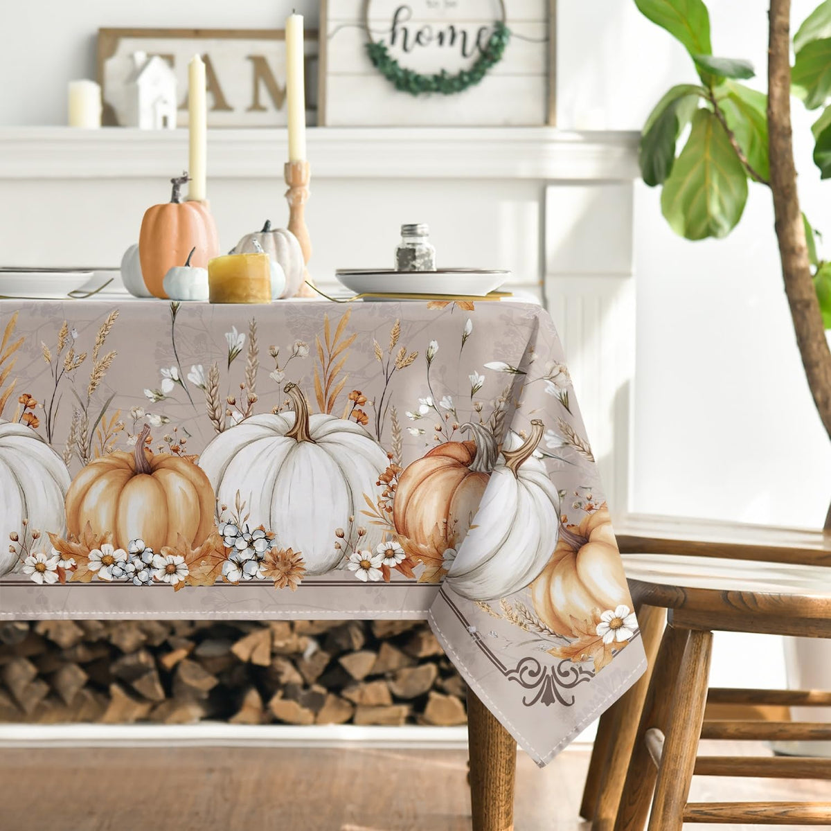 Horaldaily Thanksgiving Tablecloth, 60 x 84 Inch Rectangle, Beige Pumpkin