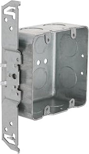 Hubbell Raco 685 2-Device, 2-1/8-Inch Deep, 1/2-Inch and 3/4-Inch Side Knockouts, Wood/Metal Stud Bracket 4-Inch Square Switch Box, Drawn, gray