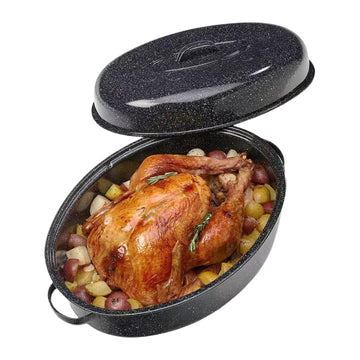 Granite Bowl Turkey Roaster With Lid, 18 Inch Carbon Steel, Black