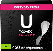 U by Kotex Balance Daily Wrapped Panty Liners, Light Absorbency, Long, 450 Count (5 Packs of 90) (Packaging May Vary)