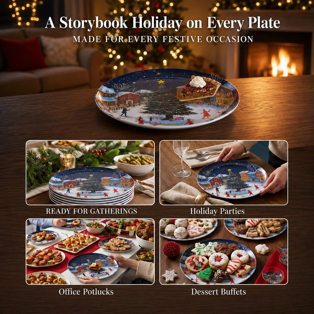 Molidiki Melamine Dinner Plates, 10.5 Inch Round, Snow House Christmas Set of 12