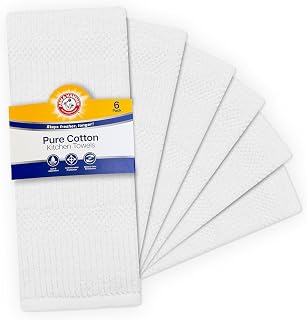Arm & Hammer Pure Cotton Kitchen Towels, Popcorn Terry, 6 Pack, 100% Cotton, Quick Dry, Low Lint, 18" x 28", White