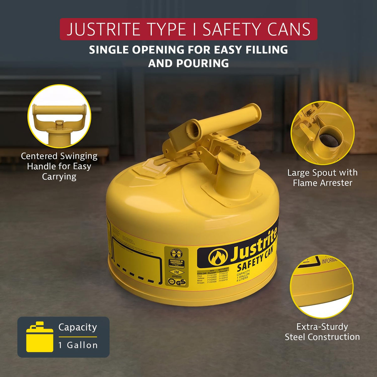 Justrite Yellow / 1 Gallon / Type I Cans
