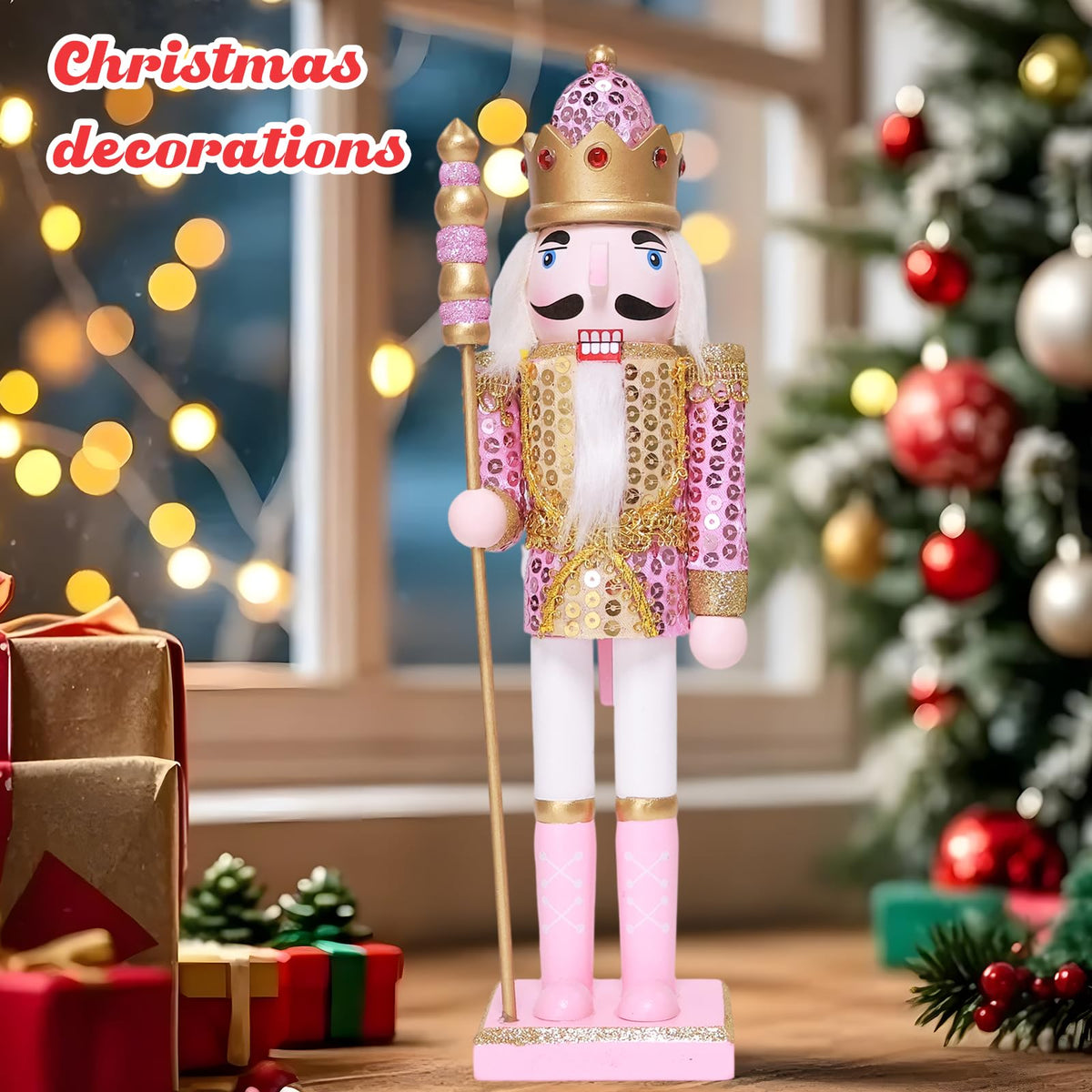 Oeuvi Wooden Nutcracker Figure, 11.8 Inch Tall, Pink Sequins
