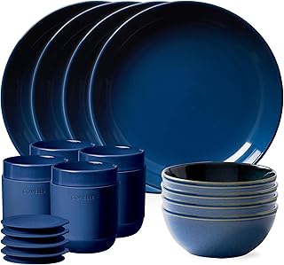 Corelle Stoneware Dinnerware Set, Handmade Reactive & Solid Glazed Ceramic Plates and Bowls, Modern Rustic Style Round Dishes, Service for 4, Navy 16 PIECE SET