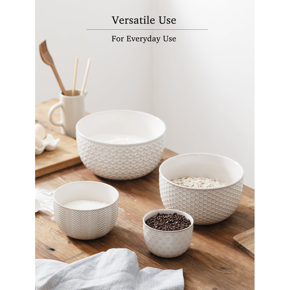 Mikigey Ceramic Nesting Bowls, Embossed Set of 4, Off-White