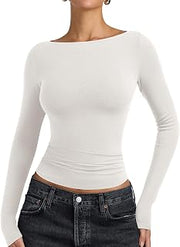 Womens Boat Neck Basic Long Sleeve Business Casual Tops