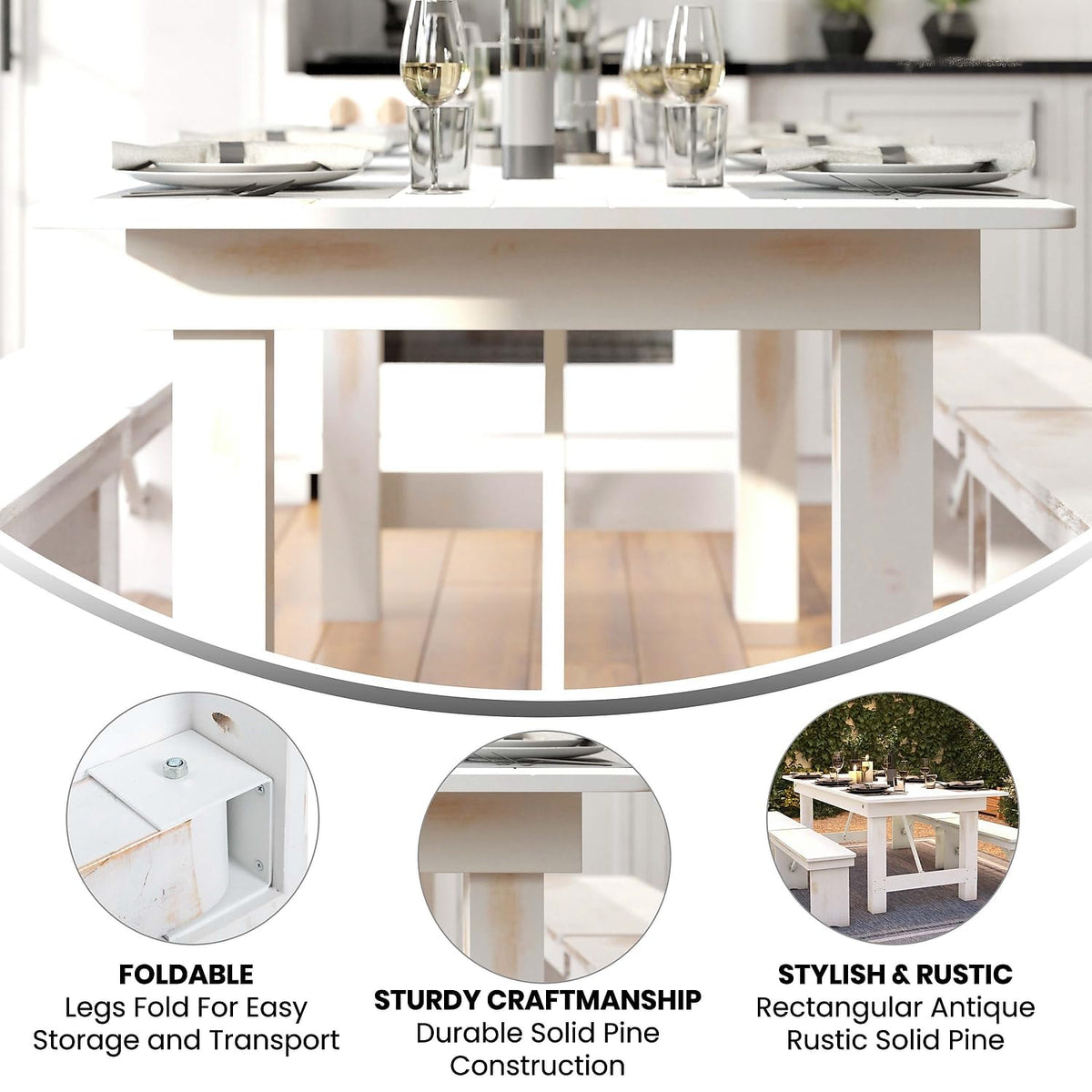 HERCULES Series 7' x 40" Rectangular Antique Rustic White Solid Pine Folding Farm Table by Flash Furniture – 7'L x 40"W, Pinus Glabra, Steel, Pine Wood, Model XA-F-84X40-WH-GG