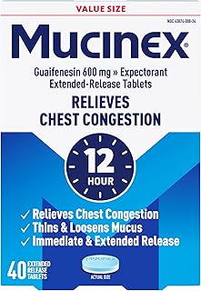 Mucinex 12 Hour 600 mg Guaifenesin Extended-Release Tablets for Excess Mucus Relief, Expectorant Aids Excess Mucus Removal, Chest Congestion Relief, 40 Bi-Layer Tablets