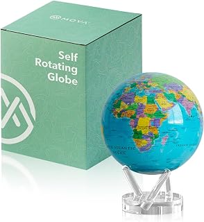 MOVA Self Rotating Globe, Ocean Blue Political Map Prestige (8.5") | solar powered globe, no batteries or cords, gift for geography lovers, premium kinetic display, office desk decor