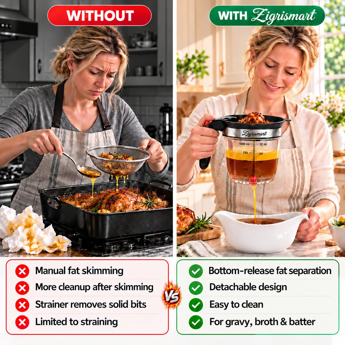 Zigrismart Fat Separator and Batter Dispenser, 4-Cup 1000ml, Black