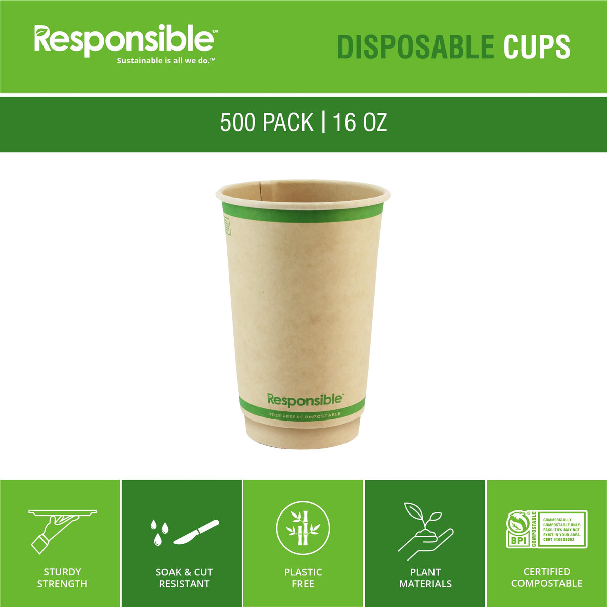 12 oz Double Wall Insulated Paper Coffee Cups (500 Count) by Responsible Products – 12 Ounces, 12.0 fluid_ounces, Paper, Classic White, Pack of 500