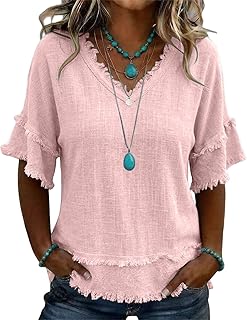 Gauze Shirts for Women Cotton Linen Boho Fringe V Neck Peasant Summer Tops