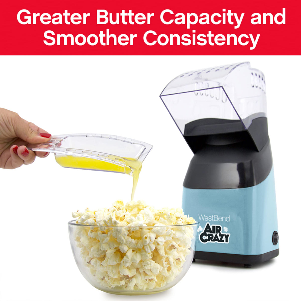 Air Crazy Popcorn Machine for Healthy Snacking with No Oil by West Bend – 4-Quart, 4 liters, Metal, Blue, Model PC8448BL13